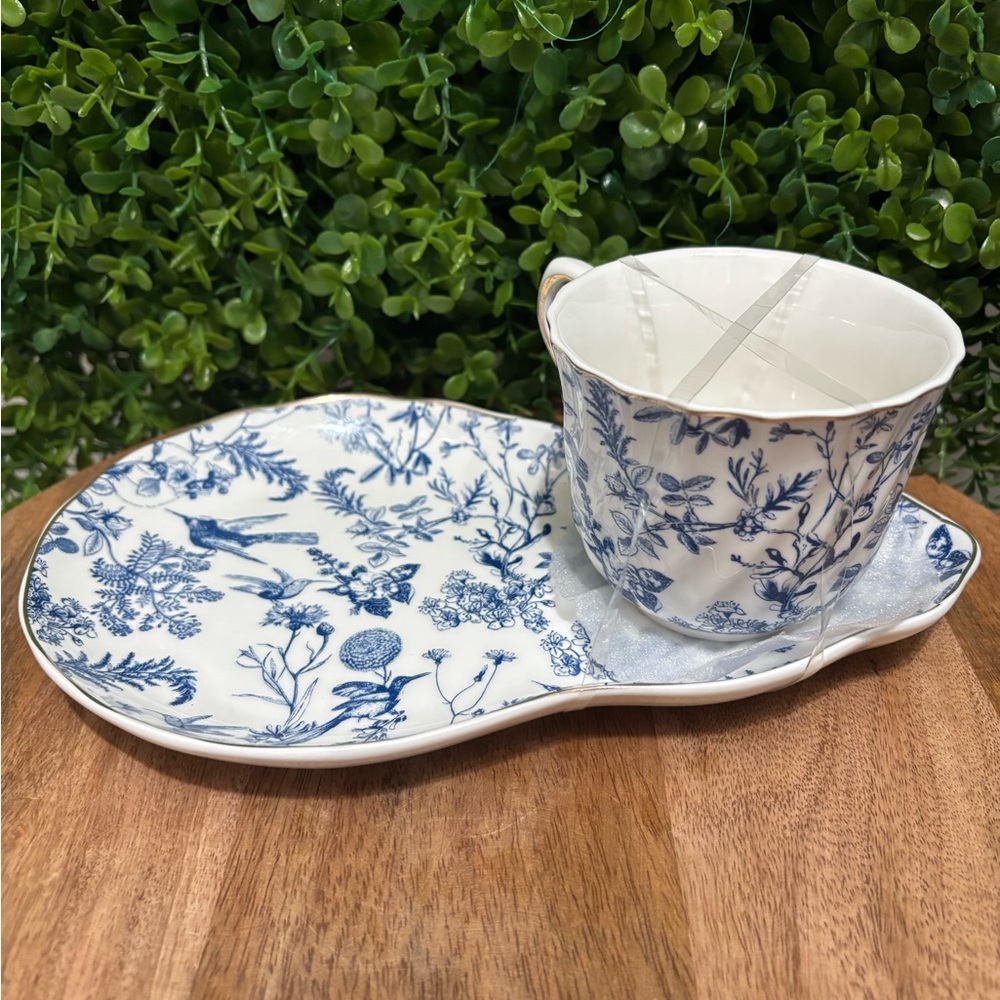 Grace Teaware NWT Blue Floral Porcelain Cup and Snack Plate Set